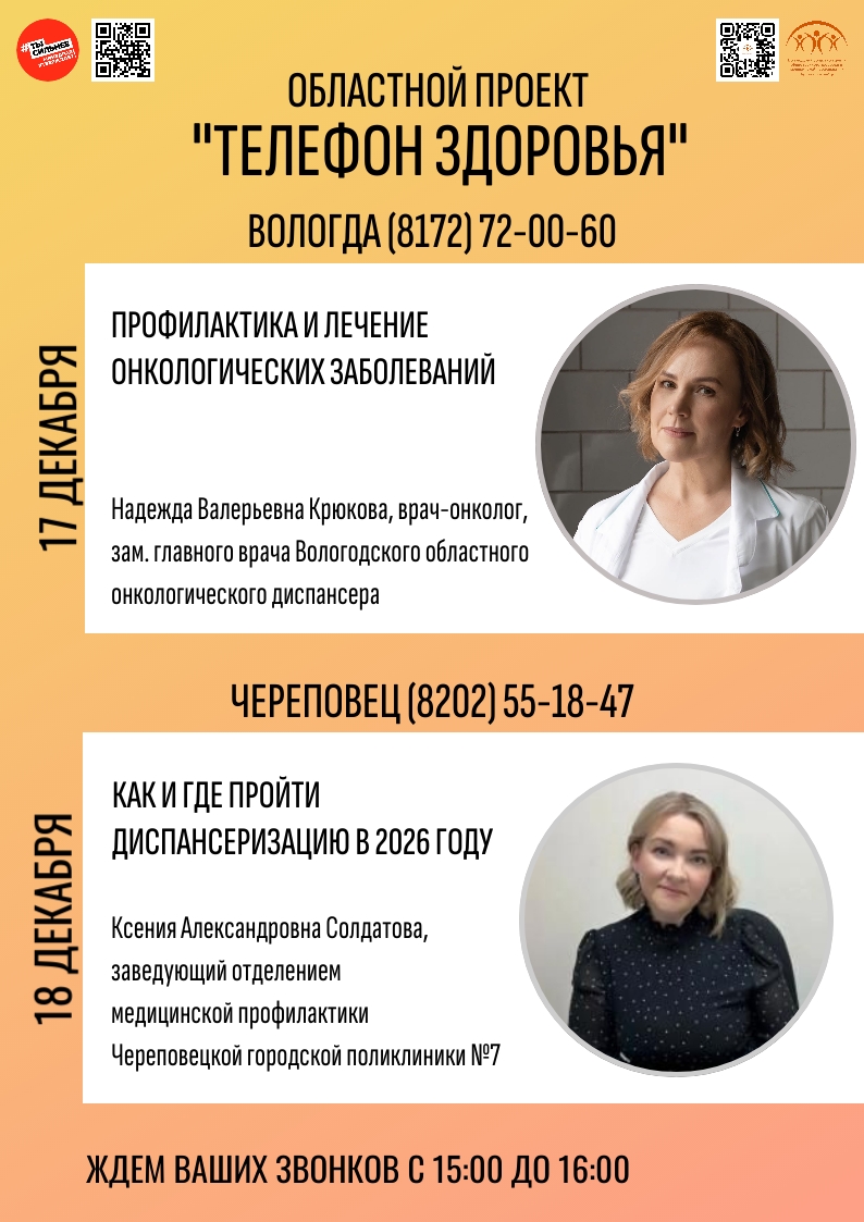 Бесплатный «Телефон здоровья» для жителей Вологодской области 17-18 декабря