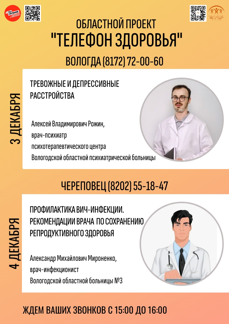 Бесплатный «Телефон здоровья» для жителей Вологодской области 03.12 - 04.12